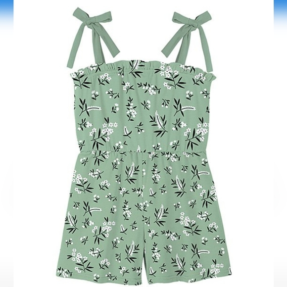 Trend Blossoms Other - Trend Blossoms Girl's Floral Ruffle Bow-Strap Romper Green Size 14 NIP